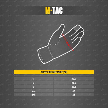 Størrelsesguide for M-Tac Summer Vent Handsker med illustration af håndmål.