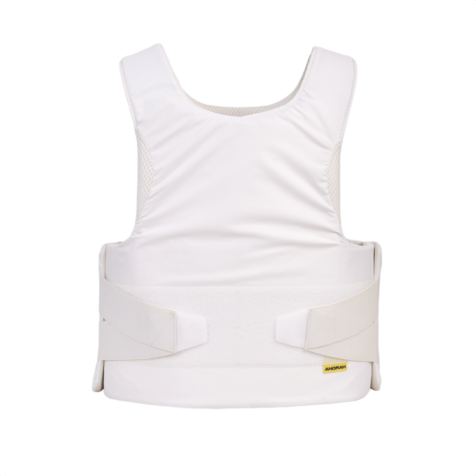 Anorak Niobium® Concealable III Stik & Skudsikker Vest i hvid, set bagfra med sikkerhedsdesign og velcro-lukninger.