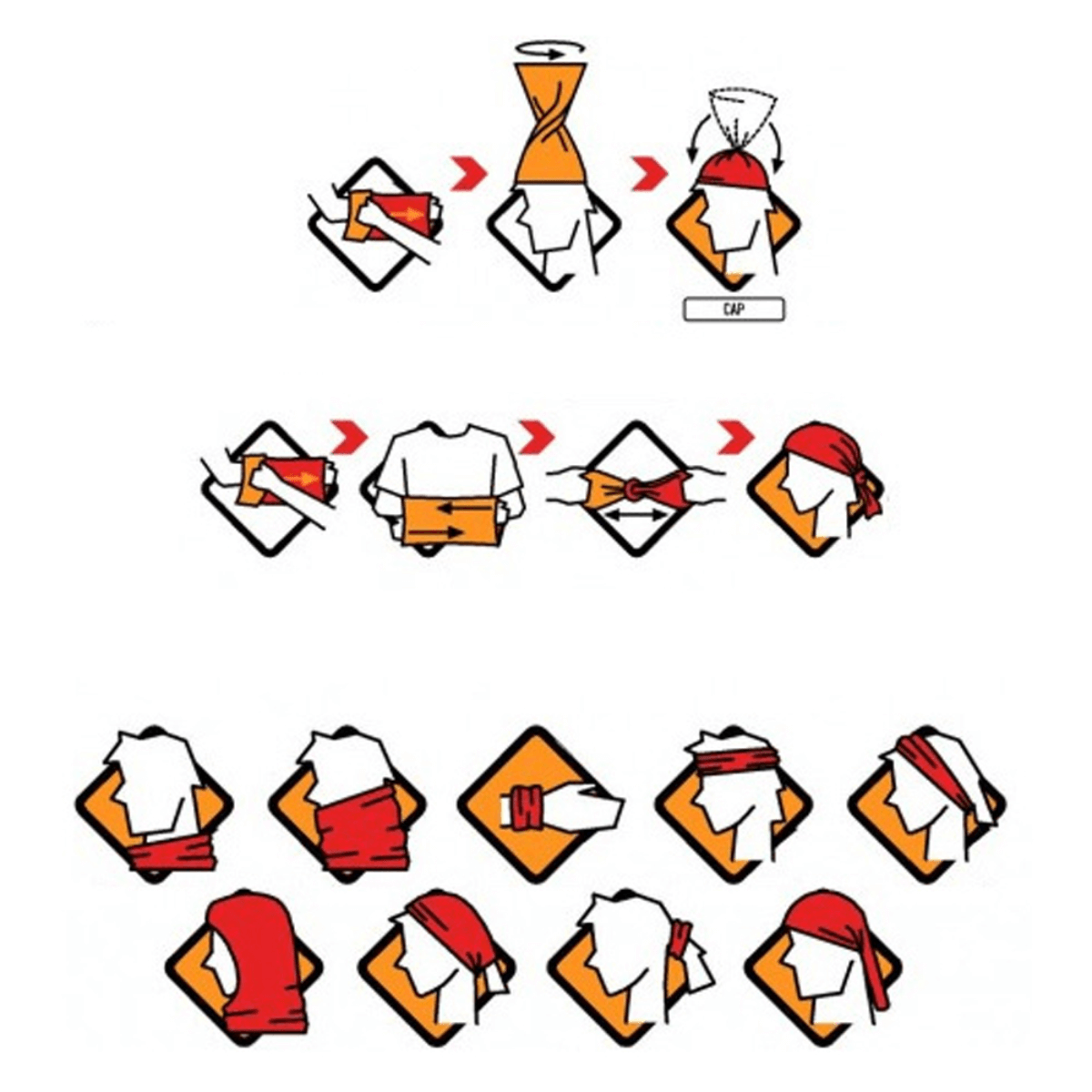 Illustration af M-Tac Let Tubehalstørklæde, der viser forskellige måder at bære tørklædet på, såsom balaklava, bandana og pandebånd.