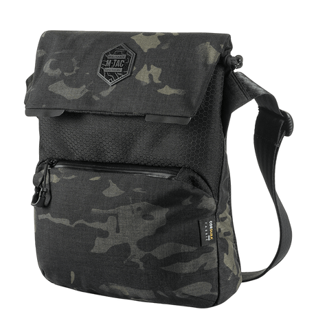M-Tac Konvert Bag Elite, black camouflage design with adjustable shoulder strap and magnetic flap, made from durable Cordura.
