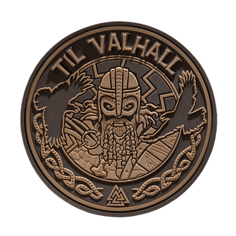 M-Tac Patch Til Valhall PVC with Viking design and ravens, suitable for uniforms, bags or tactical gear. Velcro backing, diameter 80 mm.