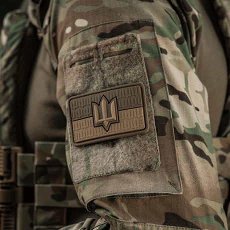 M-Tac Ukraine Flag patch with ZSU Trident PVC on a camouflage uniform
