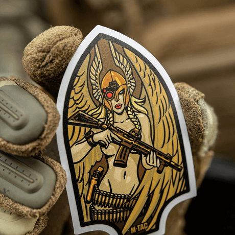 M-Tac Valkyrie sticker shows a war goddess with Norman helmet and M4 rifle, inspired by the Arrowhead patch. Perfect for decoration.