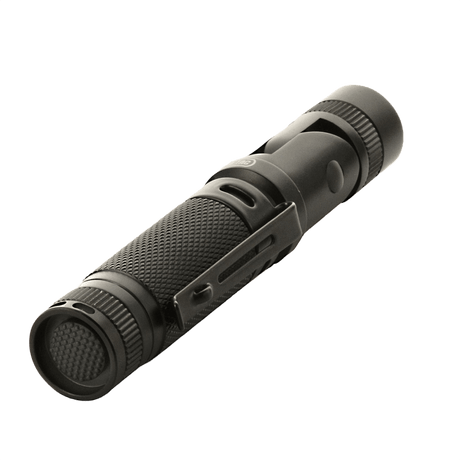 M-Tac flashlight P180 in aluminum alloy with adjustable beam, compact design, suitable for chest pocket or backpack.
