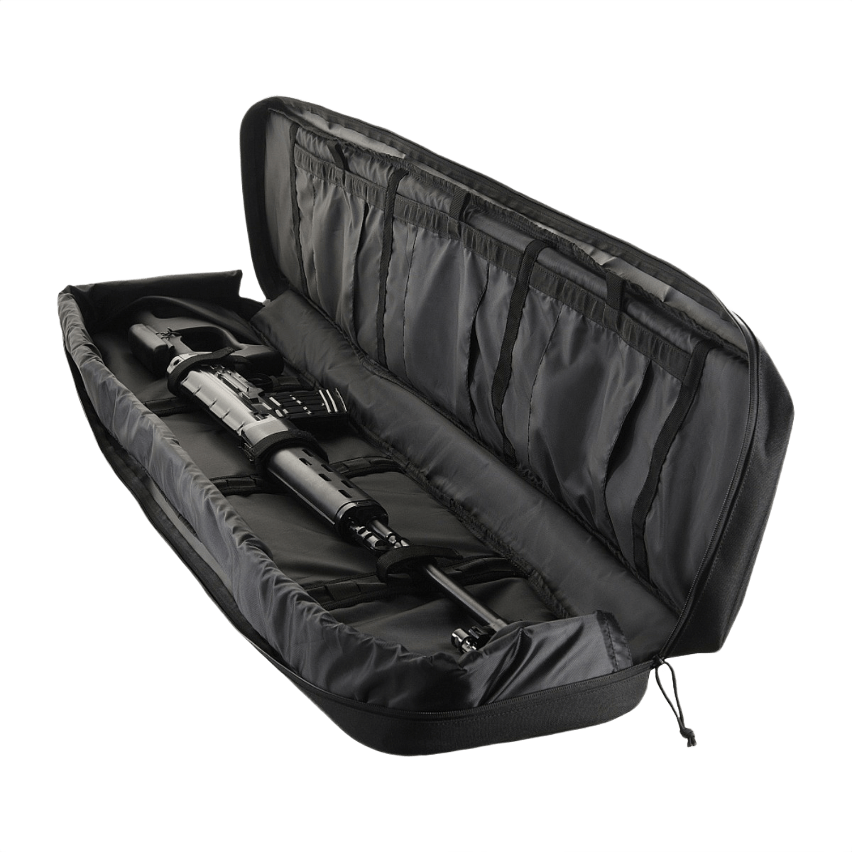 Åben M‑Tac Våbenetui 128 cm med våben indeni, polstret indlæg og velcrostropper til sikker opbevaring. Fremstillet af 100% polyester.