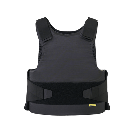 Anorak Rhodium® Concealable II Stab & Bulletproof Vest, black rip-stop outer, discreet and protective, Level IIIA safety standard.