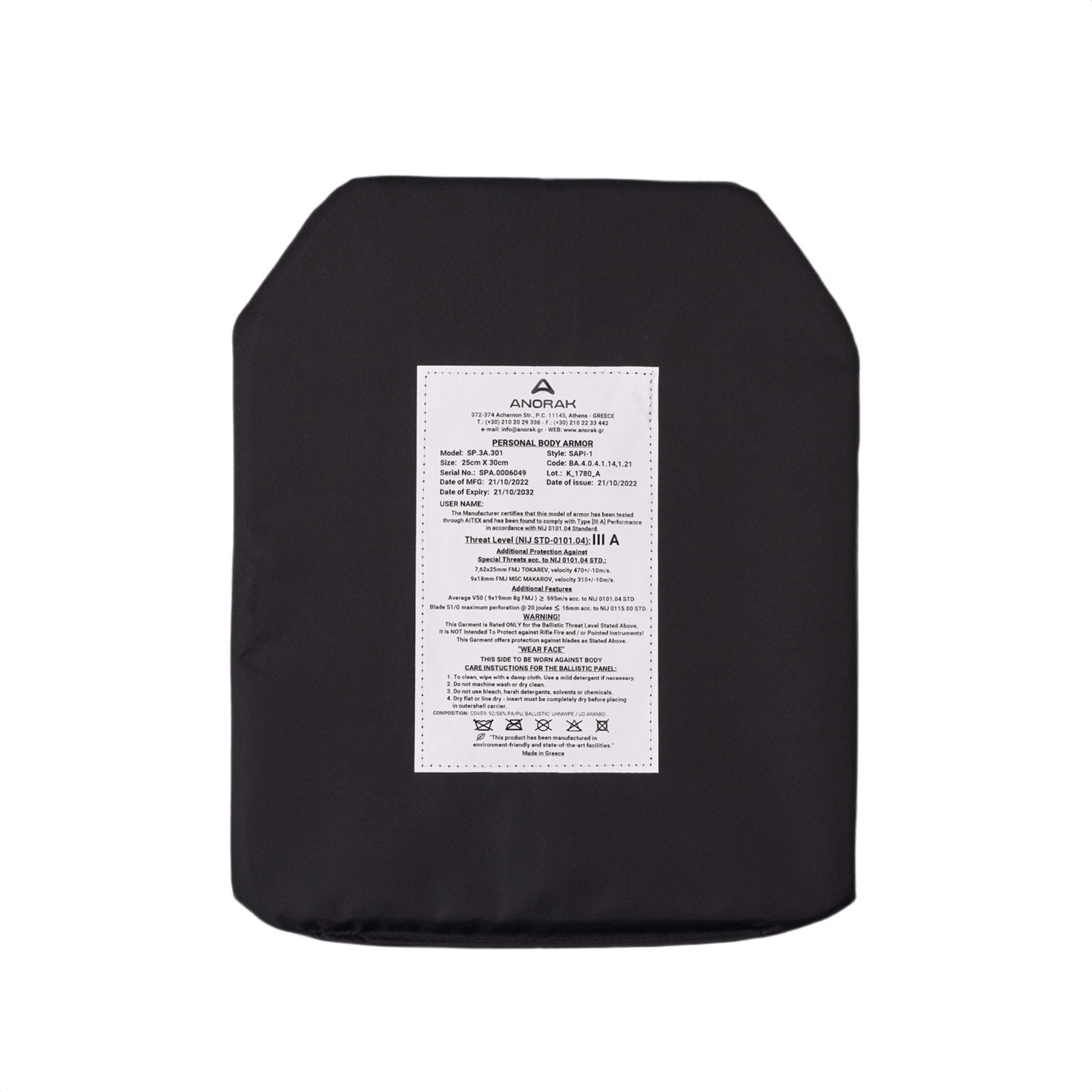 Anorak Titanium® Insert (SAPI) med UHMWPE og UD ARAMID-materialer til beskyttelse mod håndvåben og maskinpistoler niveau IIIA++.