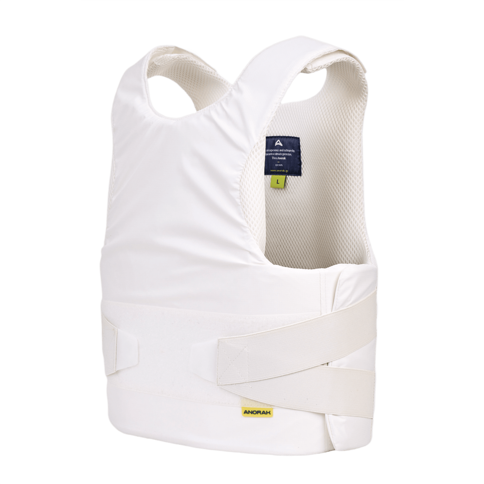 Anorak Topaz® Concealable III Stiksikker Vest i hvid, designet til maksimal kniv- og spidsbeskyttelse under tøj.