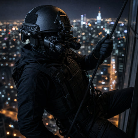 EA ARCH ballistic helmet with night vision goggles and mounted tactical gear — special forces operator in action.
