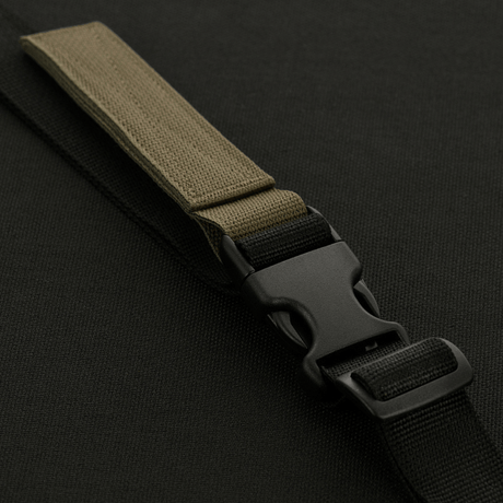 Detail of M-Tac Two-Point Weapon Belt with Woojin Plastic® plastic buckle on black background.