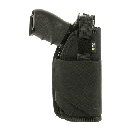 M-Tac Universal Tactical Holster Elite Right made of Cordura 500D and compatible with Glock 17, mounted on belt via MOLLE interface.