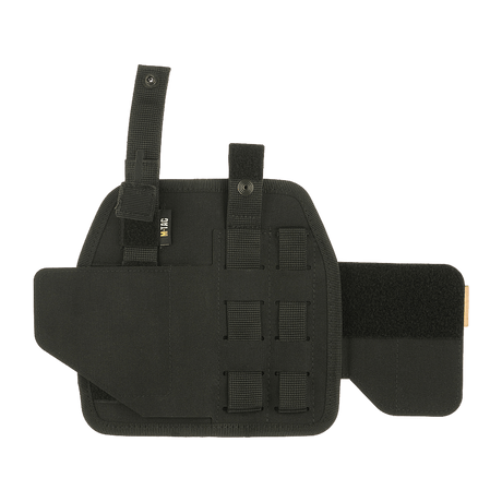 M-Tac Universal Tactical Holster Elite Right in black Cordura 500D with adjustable strap and MOLLE interface for secure pistol storage.