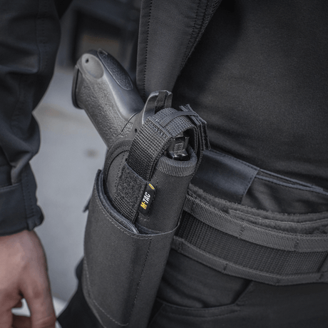 M-Tac Universal Tactical Holster Elite Right, adjustable pistol holster of Cordura 500D with YKK strap and MOLLE mounting, black.
