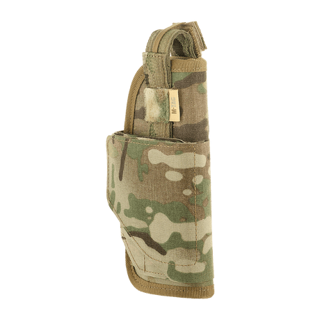 M-Tac Universal Tactical Holster Elite Right in camo with Cordura 500D, adjustable strap and Velcro closure for secure pistol storage.