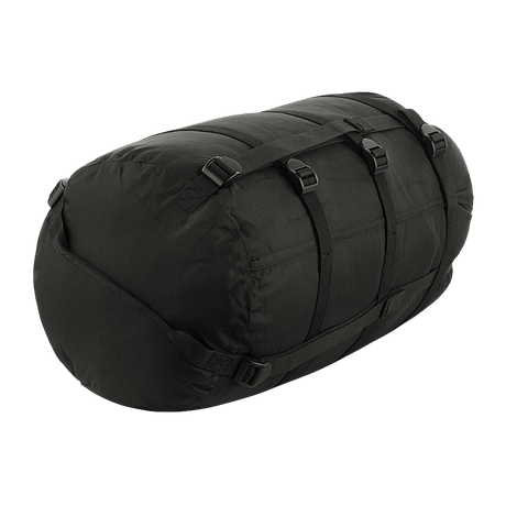 Black M-Tac Compression Sack in durable nylon, ideal for storage and transport. Water-repellent with compression straps for space saving.