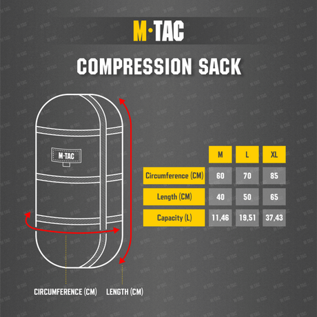 M-Tac Compression Sack size chart with circumference and length measurements in centimeters. Shows three different sizes M, L and XL.