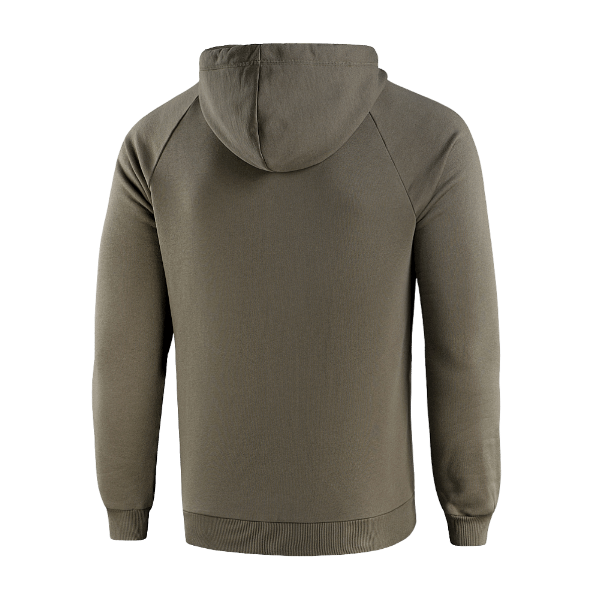 M-Tac Hættetrøje Cotton Raglan i olivengrøn, bagfra, med raglanærmer for komfort og stil.