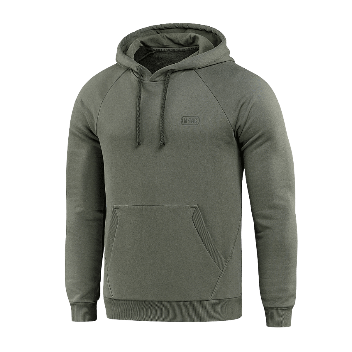 Oliven M-Tac Hættetrøje Cotton Raglan med raglanærmer og kængurulomme, ideel til hverdagsbrug og aktiv livsstil, 100% bomuld.