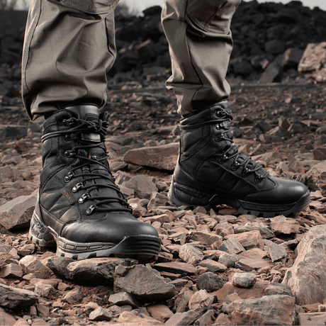 M-Tac Winter Tactical Boots Thinsulate on rocky ground.