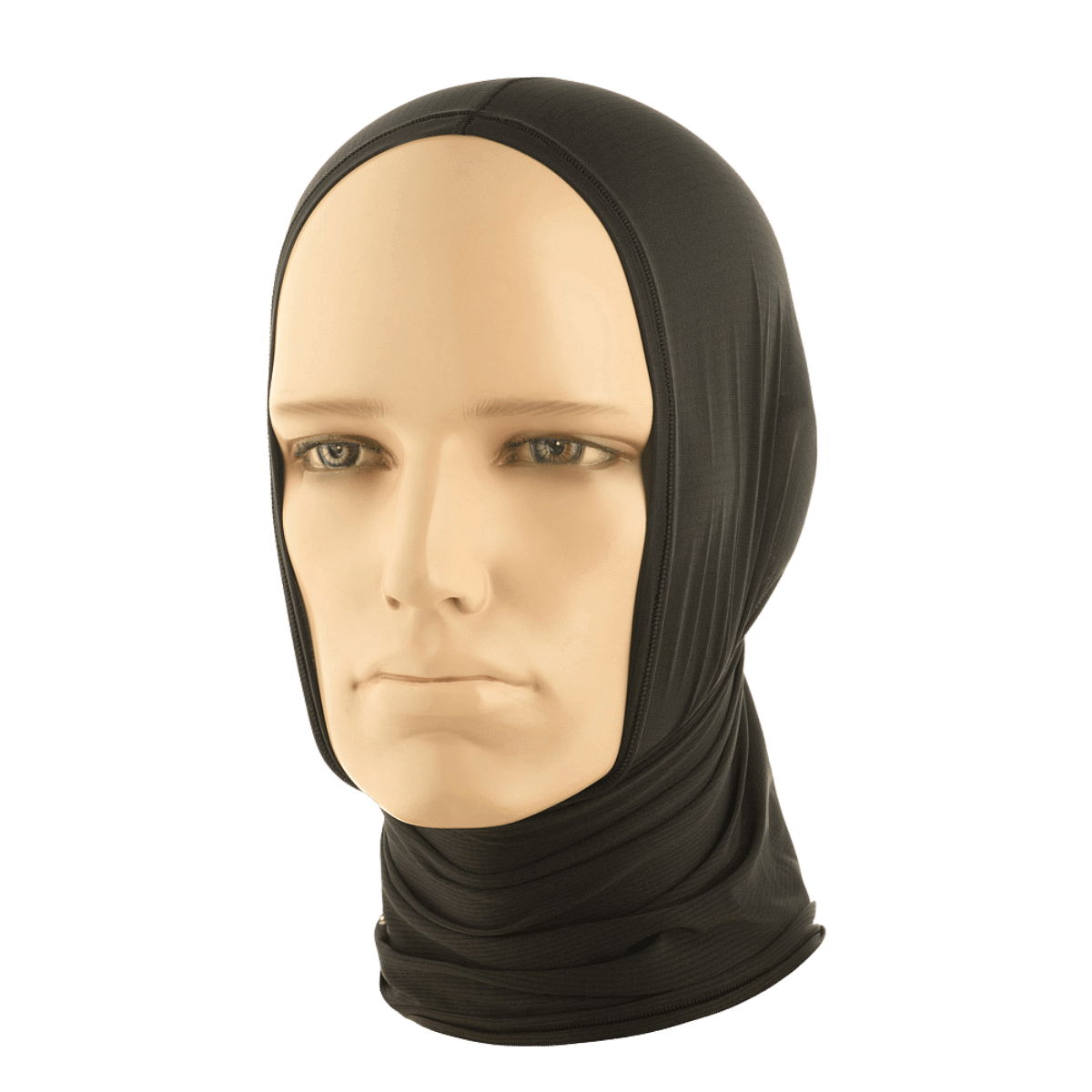 Sort M-Tac Polartec Vent Tube Scarf på mannequin, alsidig tilbehør som halstørklæde eller ansigtsmaske, fugtafledende stof.