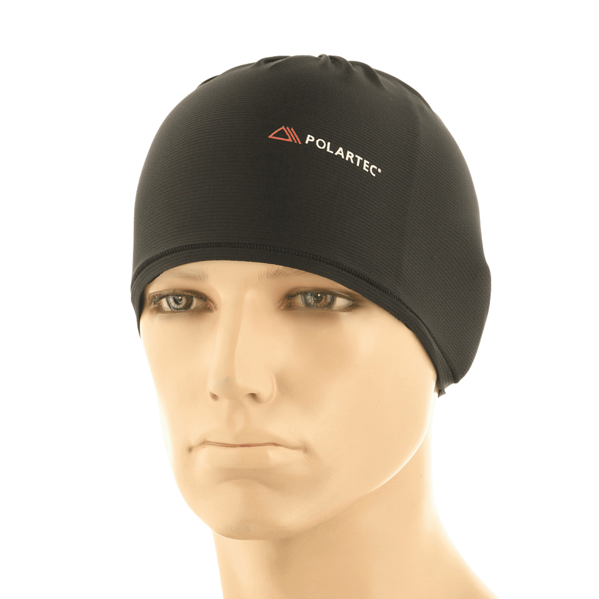 Sort Polartec hue på mannequin, fugtafledende og hurtigtørrende materiale, ideel til udendørsaktiviteter i koldt vejr.