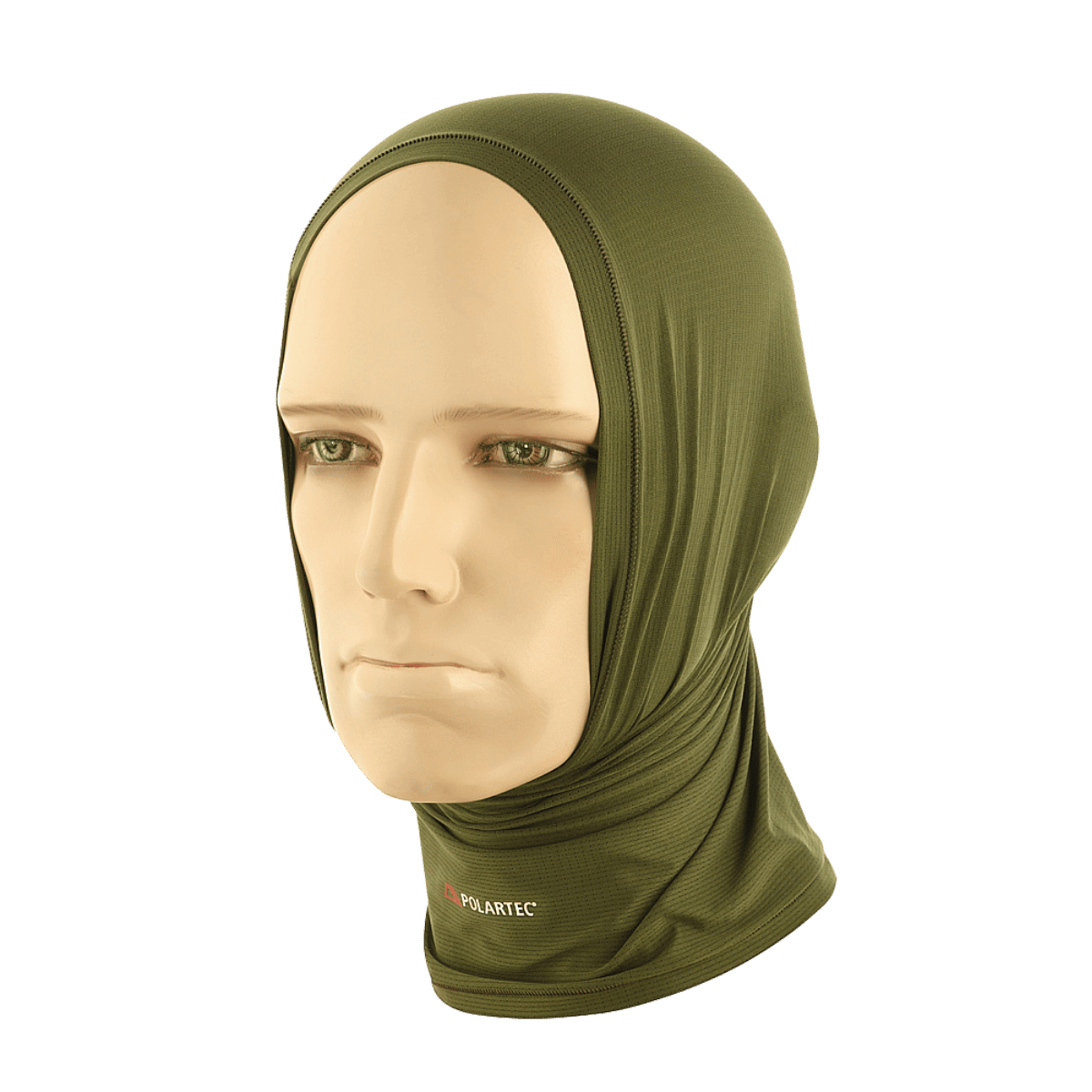 M-Tac Polartec Vent Tube Scarf i olivenfarve på mannequin, multifunktionelt halstørklæde og ansigtsmaske til beskyttelse mod vind og kulde.