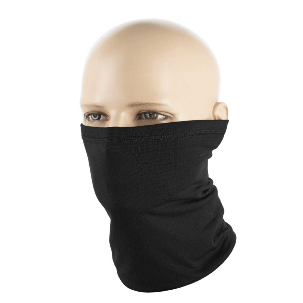 M-Tac Tube Scarf Polartec Power Grid i sort på mannequin, varm halsrør med vind og kuldebeskyttelse, alsidig brug som maske eller pandebånd.