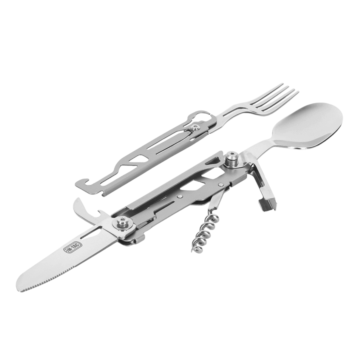 M-Tac Spork Bestiksæt med Karabinhage, multifunktionelt feltbestik til camping og ture, kombineret ske og gaffel med flaskeåbner.