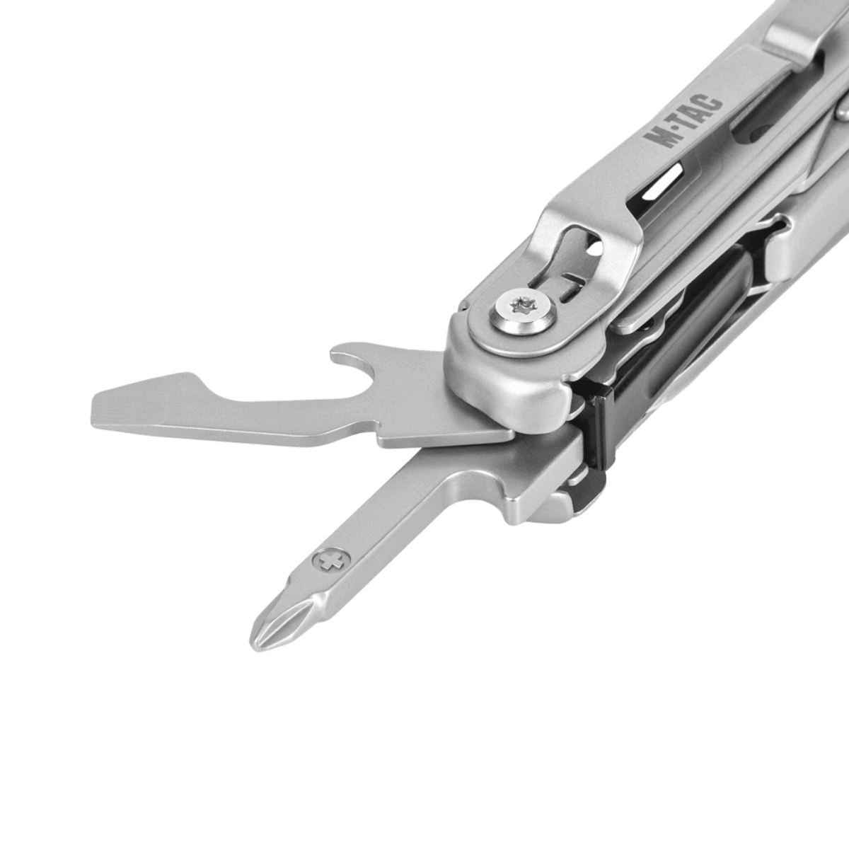M-Tac Type 3 Foldekniv (5-i-1) Rustfrit Stål med multiværktøjer, herunder stjerneskruetrækker, på en hvid baggrund