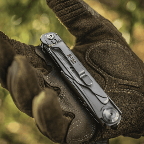 M-Tac Type 3 Folding Knife (5-in-1) Stainless Steel in a gloved hand, ideal for EDC with versatile tools for daily and outdoor life.