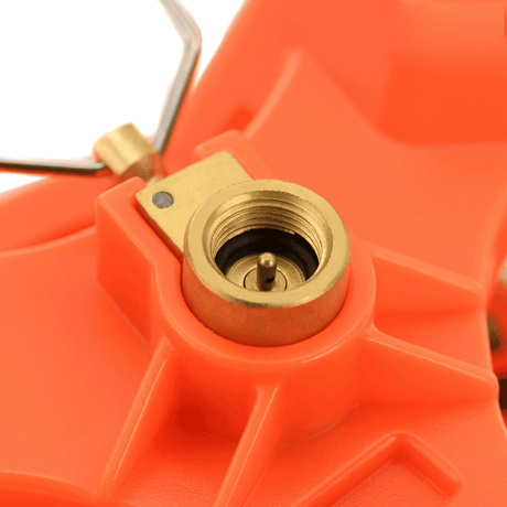 Close-up of M-Tac Gas Burner with Kettle in orange design, showing the gas connection for precise heat distribution during cooking