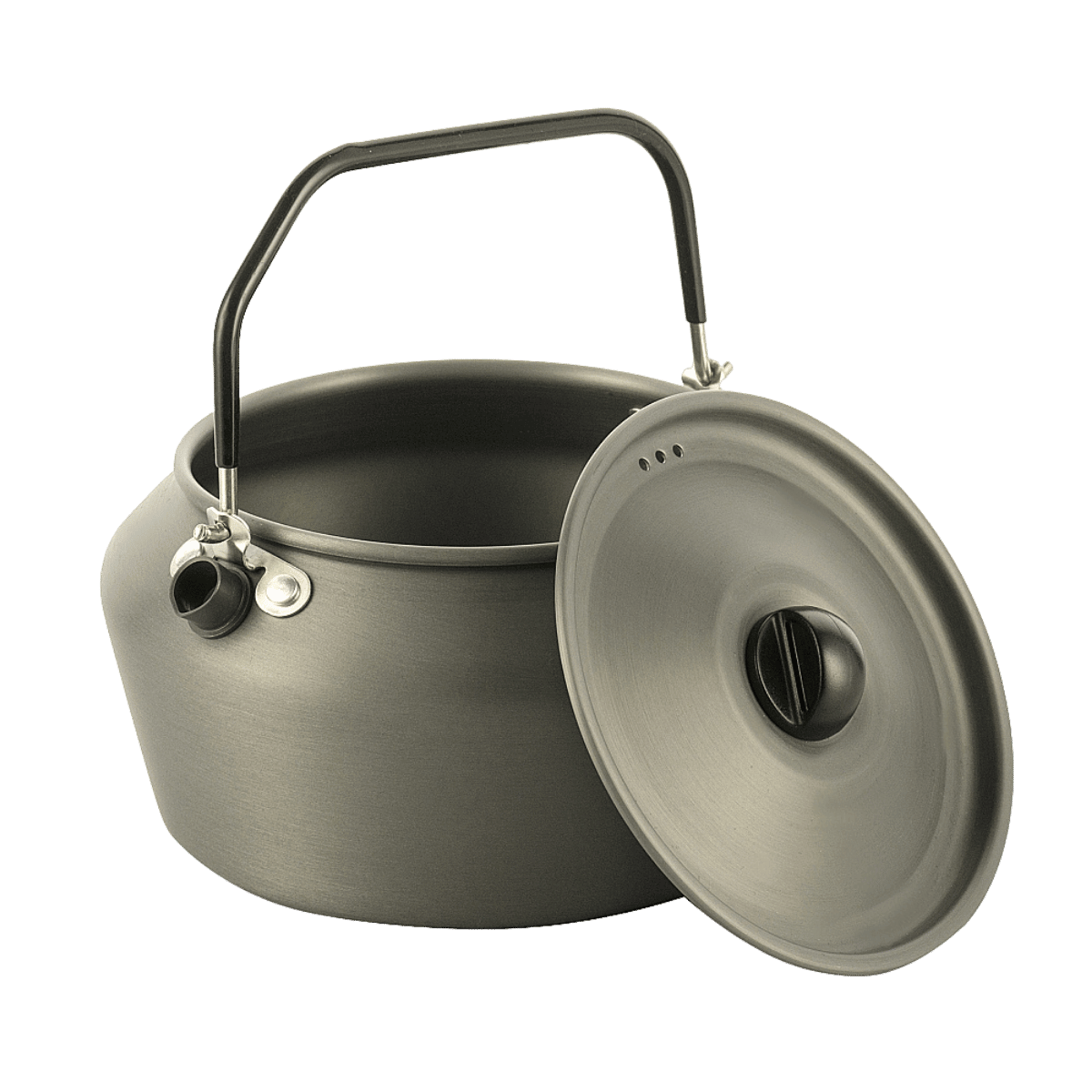 M-Tac Kedel 1,2 L i anodiseret aluminium med foldbart håndtag, perfekt til camping og udendørs brug.