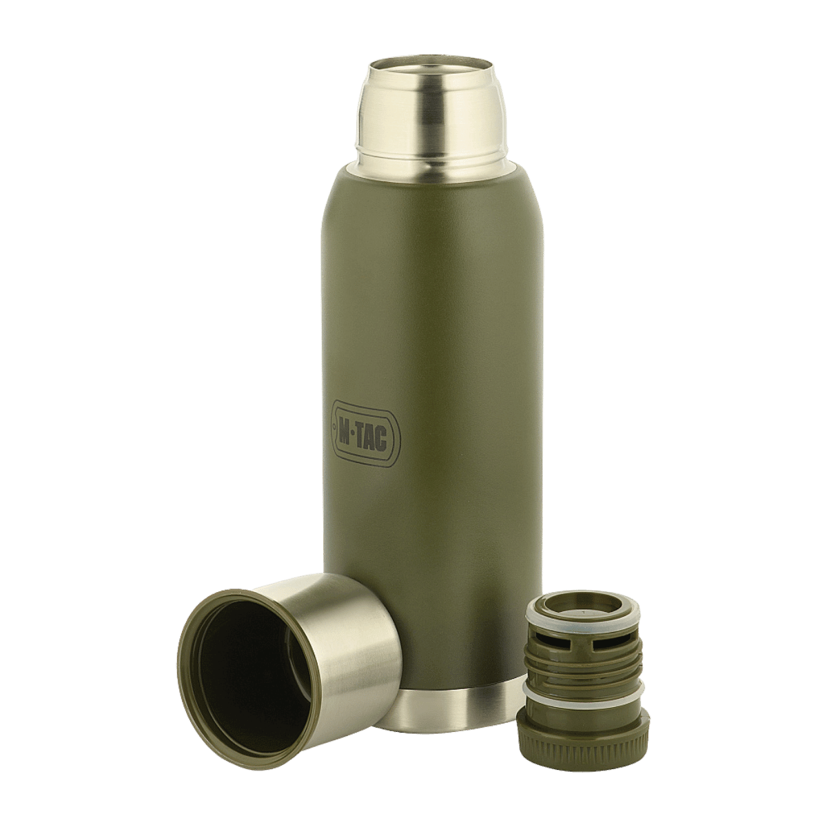 M-Tac Termoflaske Type 2 – 1 L i olivengrøn med aftagelig låg, ideel til varme og kolde drikke, camping, og daglig brug.