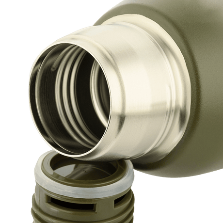 M-Tac Thermos Type 2 - 1.3L with opened lid, showing double vacuum walls in stainless steel for hot and cold drinks.