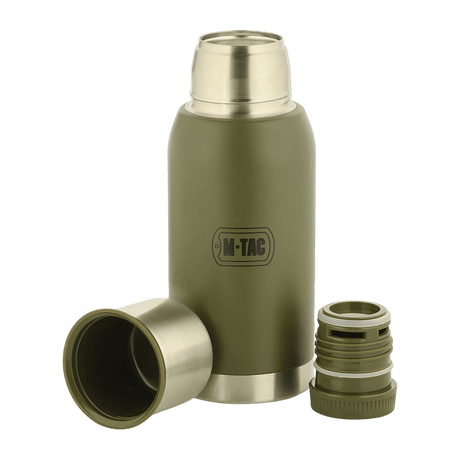M-Tac Thermos Type 2 0.75L in olive green, with screw and vacuum lid, suitable for outdoor use and hot or cold drinks.