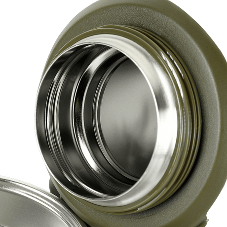 Close-up of M-Tac Thermos Bottle 1.6 L in Stainless Steel open, showing the vacuum seal and robust materials