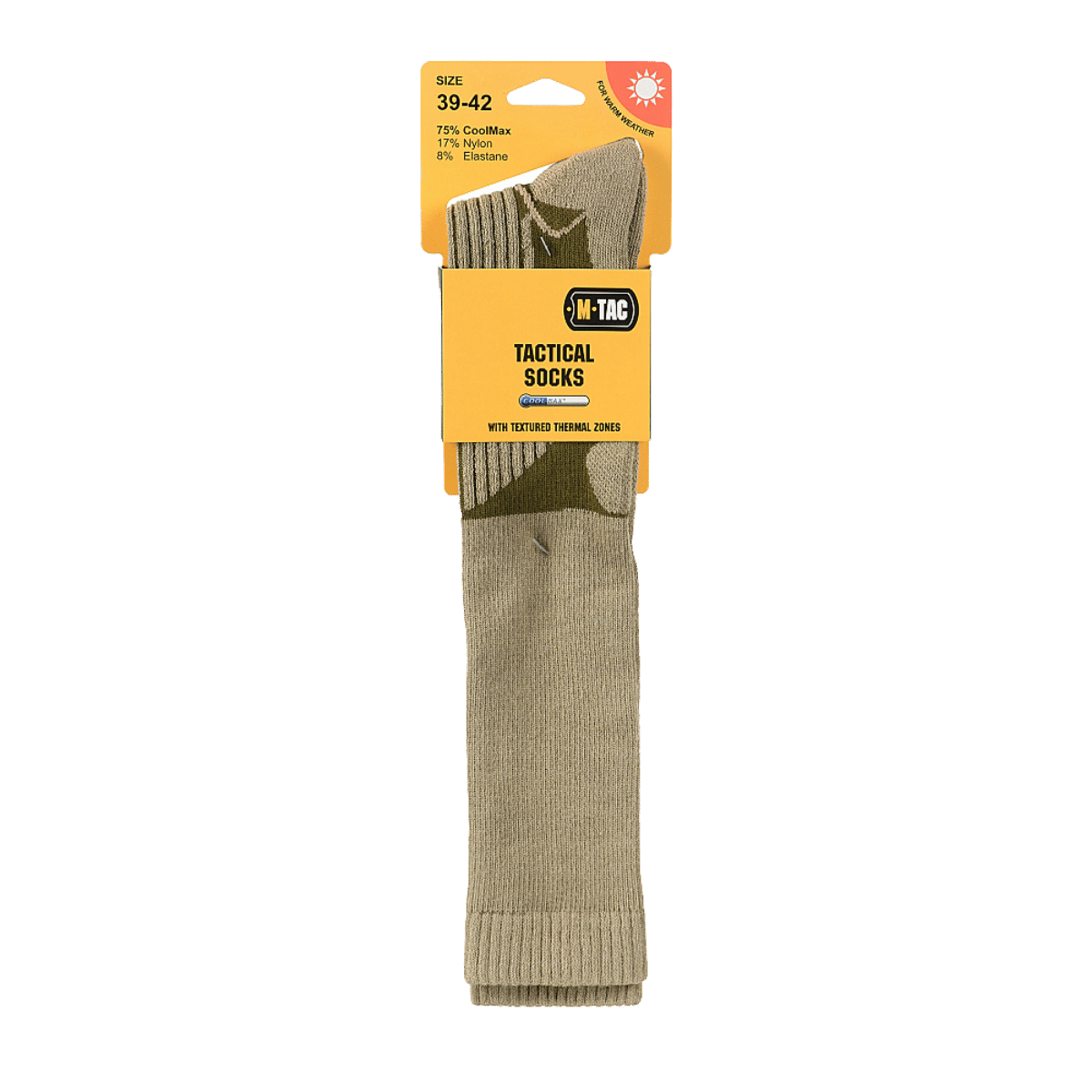 M-Tac Coolmax 75% XLong Sokker i beige for maksimal komfort og åndbarhed med tætsiddende elastik og fremragende termoregulation.