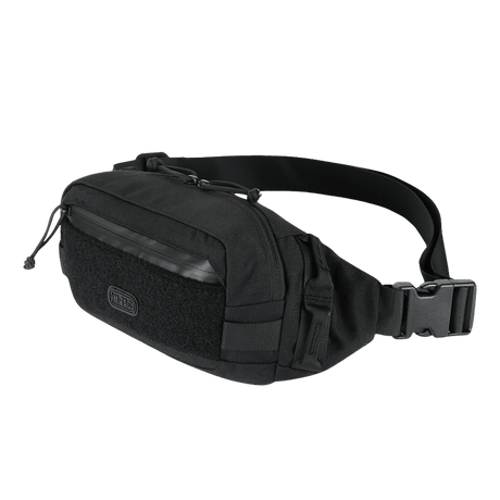 M-Tac Waist Bag Gen.II in black 600D polyester with adjustable strap and paracord loops, designed for style and functionality.