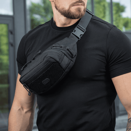 M-Tac Waist Bag Gen.II worn by man in black t-shirt, showing adjustable strap and practical design.