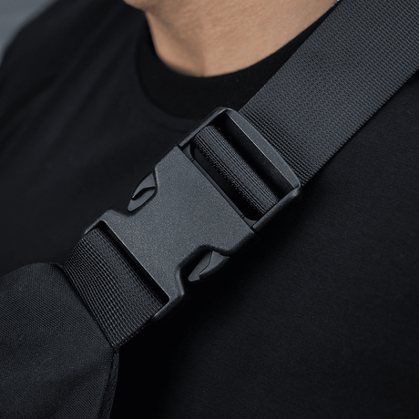 M-Tac Waist Bag Gen.II with adjustable strap and Fastex quick-release buckle in black material, close-up view.