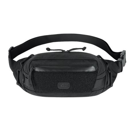 M-Tac Waist Bag Gen.II in black 600D polyester with zippers and adjustable strap for shoulder or belt, perfect for practical storage.