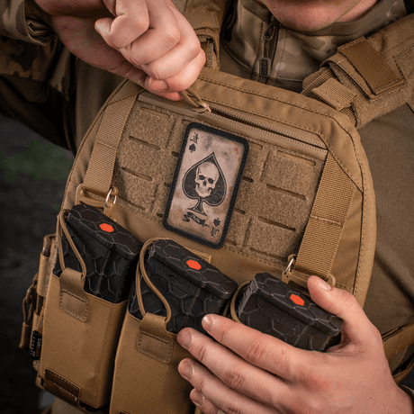 M-Tac Patch Ace of Spades - morale patch with spade ace and skull, vintage style, mounted on tactical gear, made from Cordura 500D.
