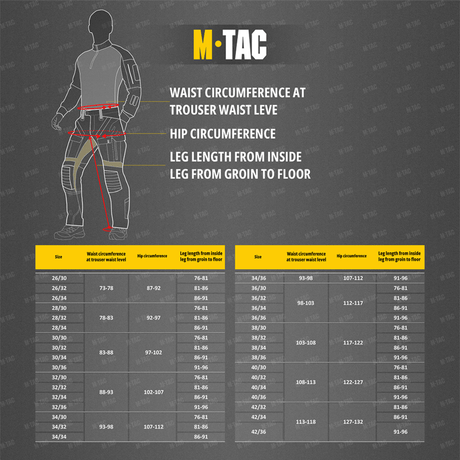 Størrelsesguide for M-Tac Aggressor Special Edition Bukser med målinger for talje, hofter og inseam.