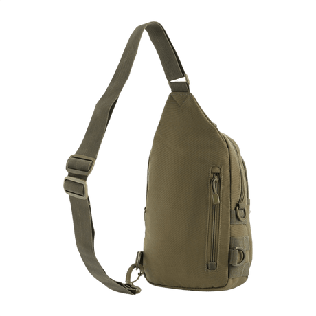 M-Tac Assistant Bag in military green with adjustable strap, MOLLE panels and internal pockets for practical everyday use.