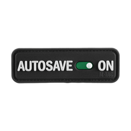 M-Tac Patch Autosave PVC with 3D design and Velcro backing, black rectangle with 'Autosave On' text, suitable for tactical gear.