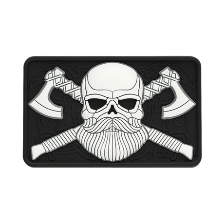 M-Tac Bearded Skull 3D PVC Patch with two axes and bearded skull in black and white design, secures with Velcro.