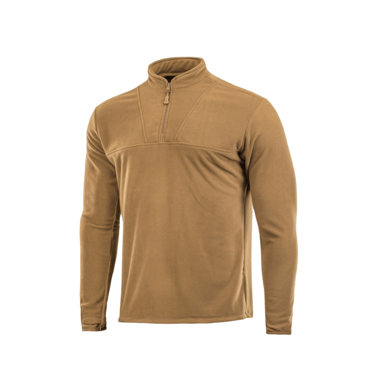 M-Tac Delta Fleece Jakke i en lys brun farve, let og varm med tommelhuller i ærmerne, ideel til udendørs aktiviteter i koldt vejr.