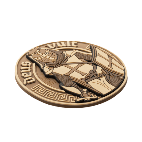 M-Tac Deus Vult 3D PVC Patch with knight and 'Deus Vult' text, Velcro fastening, tactical morale patch for outdoor and military use.