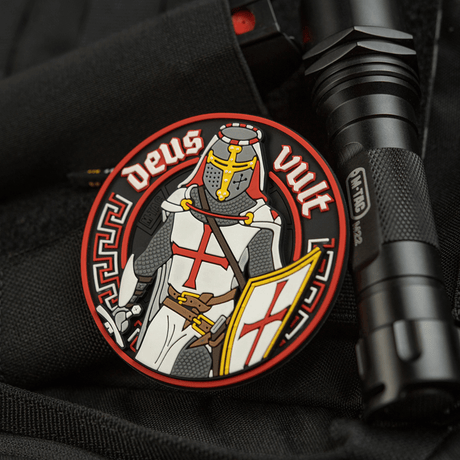 M-Tac Deus Vult 3D PVC Patch with Templar knight motif, ideal for military, airsoft and outdoor activities. Velcro fastening included.