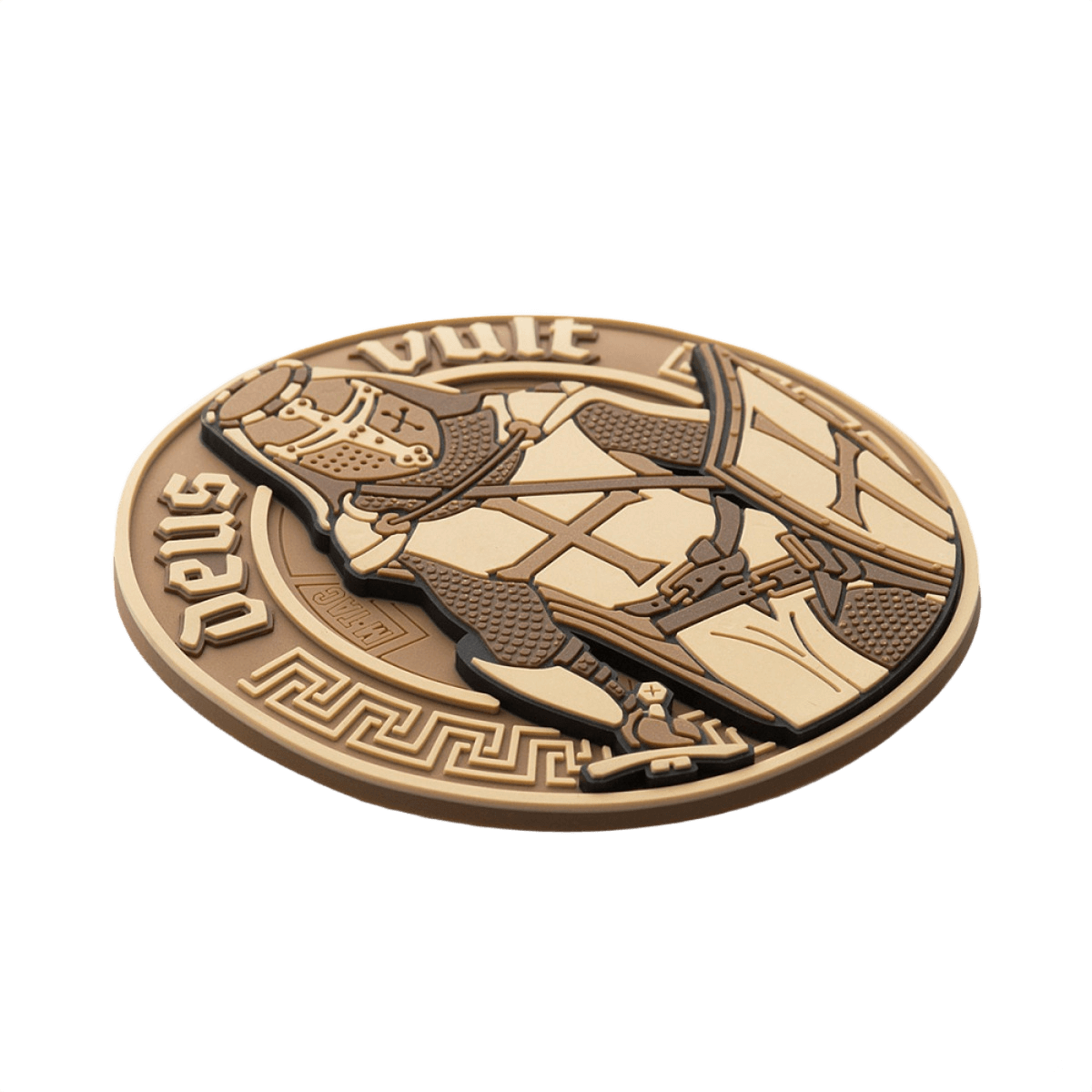 M-Tac Deus Vult 3D PVC Patch med ridder og "Deus Vult" tekst, Velcro fastgørelse, taktisk morale patch til outdoor og militær brug.